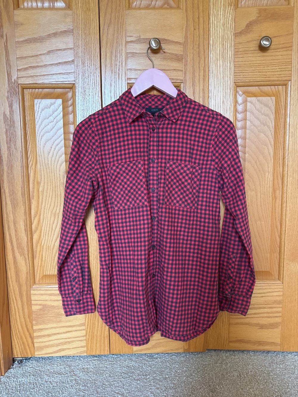 J. Crew Red and Black Check Casual Button-Down Shirt Size 0